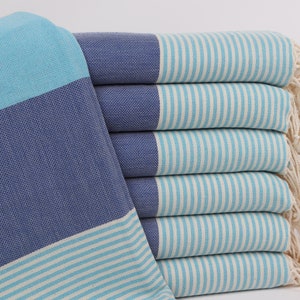 Turkish Towel Beach, Striped Towel, Housewarming Gift, 40&quot;x67&quot; Sax Blue-Turquoise Cotton Towel, Wedding Gift, Personalized Gift For Her,
