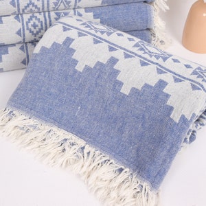 Personalized Gifts, Kilim Throw, 56x85 Inches Sax Blue Cotton Throw, Decorative Blanket, Throw Blanket Couch, Embroidery Bedspread, image 4