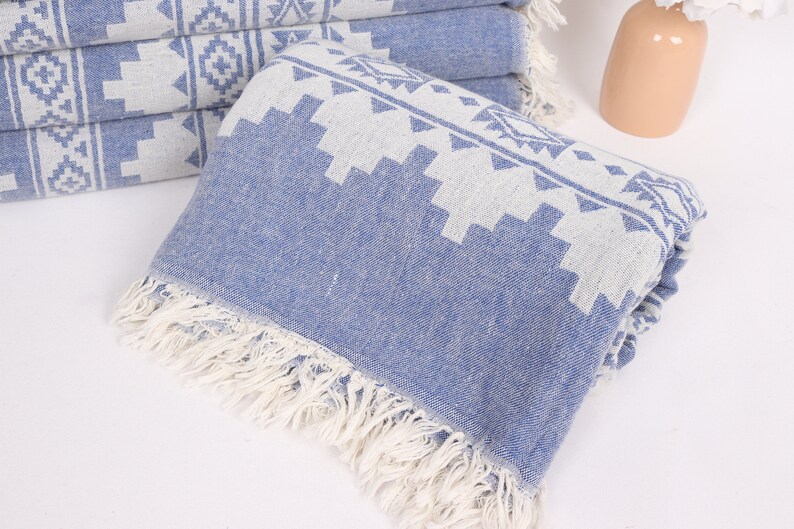 Personalized Gifts, Kilim Throw, 56x85 Inches Sax Blue Cotton Throw, Decorative Blanket, Throw Blanket Couch, Embroidery Bedspread, image 4