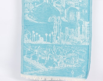 Landscape Patterned Tea Towel, 20x28 Inches Petrol Blue Cotton Dish Towel, Kitchen Towel, Small Bath Towels, Turkish Hand Towel,