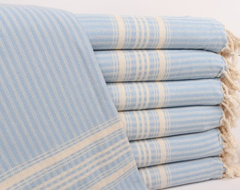 Turkish Beach Towel, 38"x67" Light Blue Cotton Towel, Summer Gift, Engagement Gift, Striped Towel, Gift For Him, Embroidered Beach Towel,