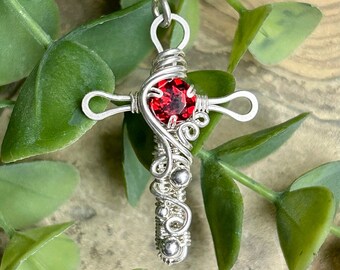 Red Garnet Sterling Silver Cross Necklace, Christian Jewelry, Wire Wrapped Cross