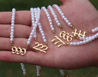 Collar de perlas con número de ángel / Joyería de acero inoxidable con número de la suerte