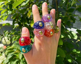 Chunky Beaded Gold Leaf Resin Ring - Colorful Statement Ring