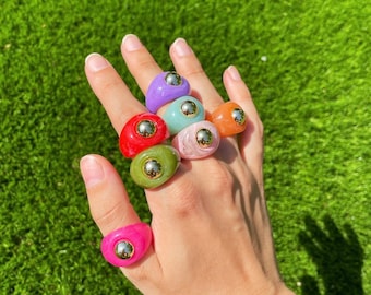 Chunky Beaded Resin Ring, 90s Y2K Funky Statement Ring