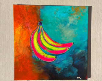 Pintura acrílica original de Neon Bananas sobre lienzo estirado de 20x20 por Bill Reinhardt