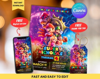 invitación digital de fiesta de cumpleaños de super mario bros Plantilla editable descarga instantánea con etiquetas de agradecimiento y parte trasera, invitación de cumpleaños