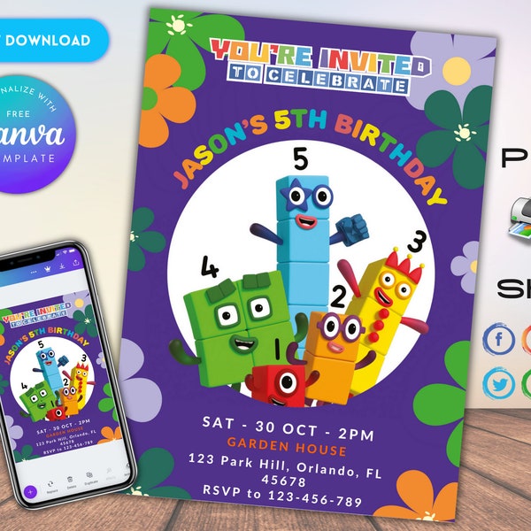 Editable Printable Numberblocks Birthday Invitation Template, Numberblock Birthday Party, Birthday Invitation, Boys and Girls Birthday Card