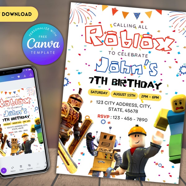 Editable Roblox Birthday Invitation Template Printable Birthday Party Invitations Digital Roblox Party Invitation Digital birthday Card