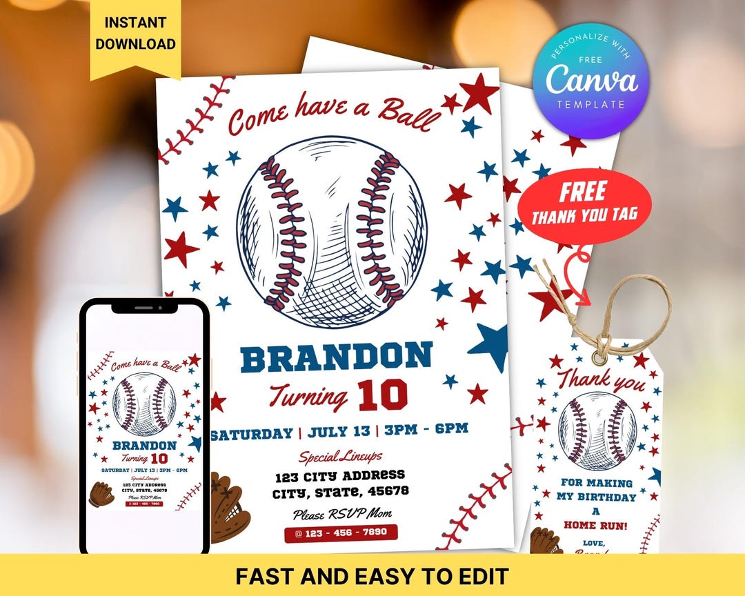 Editable Baseball Birthday Party Invitation Thank You Tag, Baseball ...