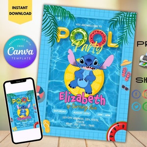 Editable Stitch pool party Birthday Invitation Template, Printable Birthday Party Invitations, Digital Kids Party Invite, Digital Bday Card