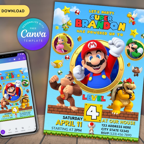 Super Mario Birthday Invitation Editable Printable Mario bros Digital Invitation Birthday Template Super Mario Invite Birthday Invitation