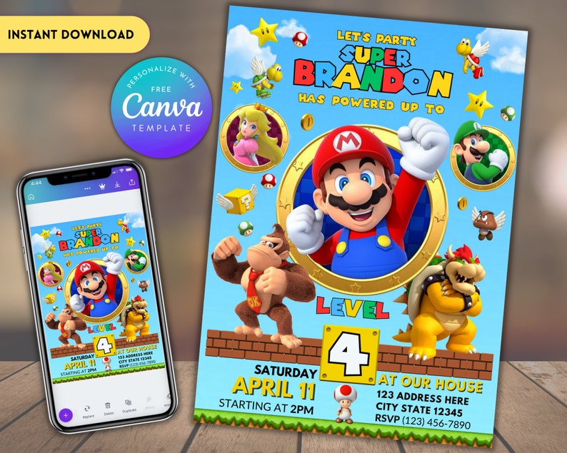 Super Mario Birthday Invitation Editable Printable Mario bros Digital Invitation Birthday Template Super Mario Invite Birthday Invitation