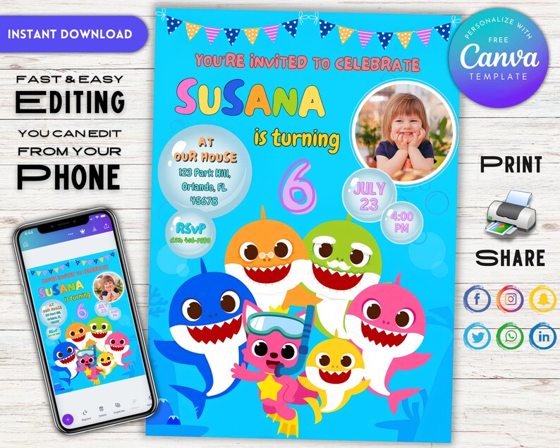 Editable Printable Baby Shark Birthday Invitation Template, Birthday ...