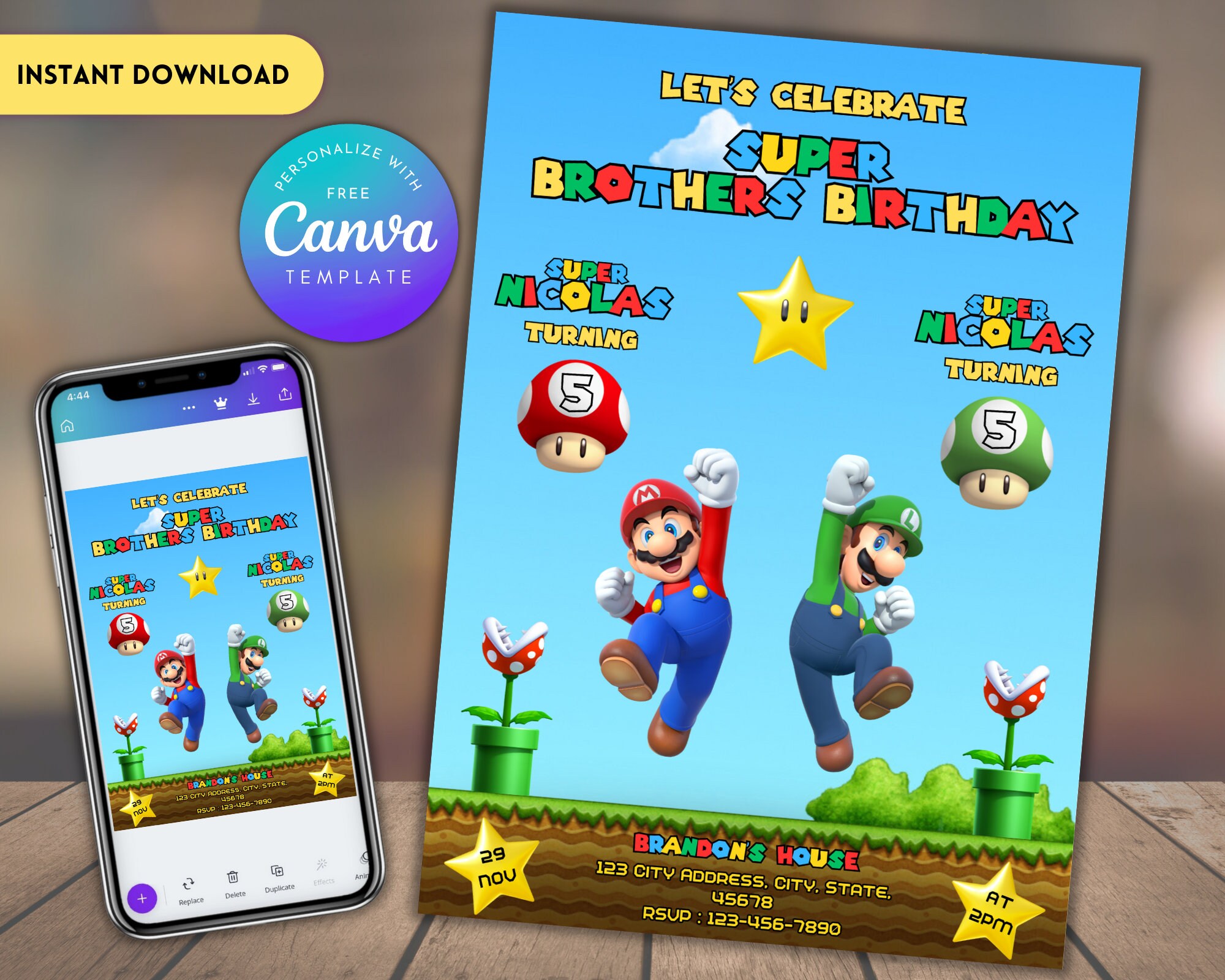 Super Mario Sibling Birthday Party Invitation Mario and Luigi Birthday ...