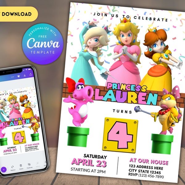 Super Princess Invitation for Girls | Princess Peach Invitation | Editable In Canva Printable Download | Super Mario Brothers Princess Peach