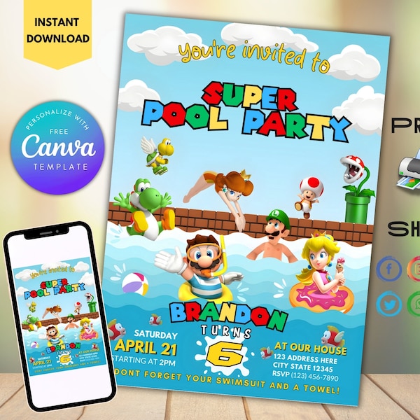 Editable Mario Pool Party Invitation Birthday Template Printable Download Super mario Birthday invitation Mario birthday Evite