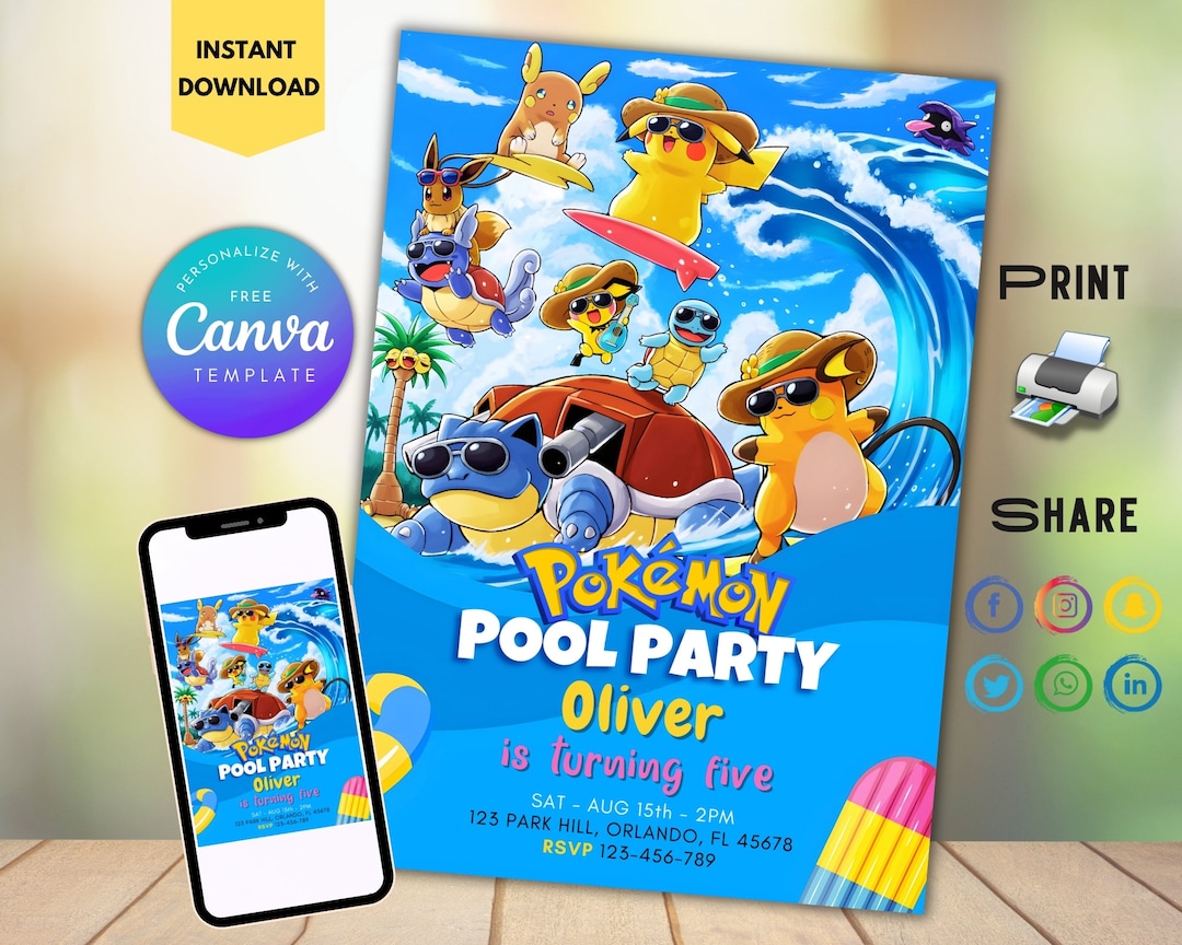 Editable Pokemon Pool Party Invitation Birthday Template Printable ...