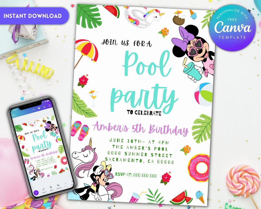 Editable Minnie Mouse Birthday Pool Party Invitation - Etsy