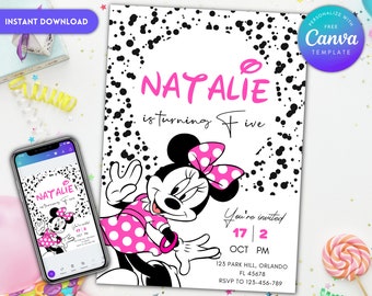 Invitation fête d'anniversaire Minnie numérique, imprimable Invitation d'anniversaire Minnie pour filles, modèle mobile modifiable d'invitation d'anniversaire Minnie