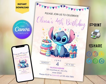 Stitch verjaardagsfeestje uitnodiging sjabloon, bewerkbare cartoon verjaardagsuitnodiging, Stitch verjaardag zwembad uitnodiging voor feest, Stitch Bday evite