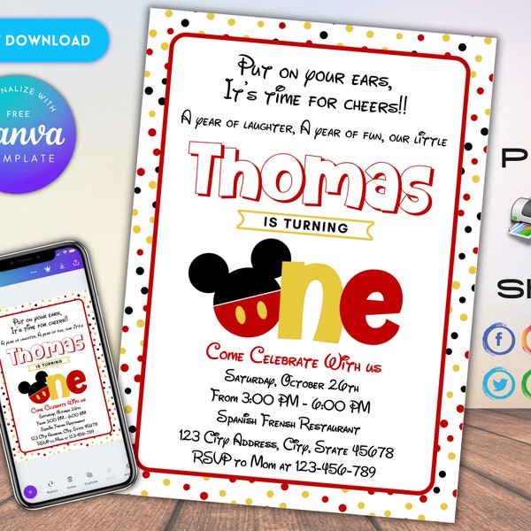 Editable Mickey Mouse Clubhouse 1st Birthday Party Invitation, Printable Digital Invite for Boys & Girls, 1st Birthday Party Invitation