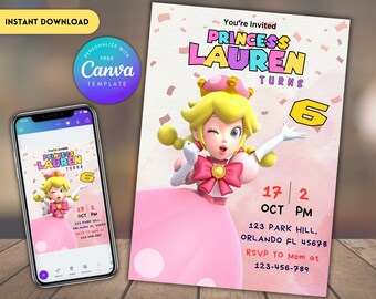 Invitation Super Princesse pour les filles | Invitation Princesse Mario | Modifiable dans Canva Téléchargement imprimable | Super Mario Brothers Princesse Peach