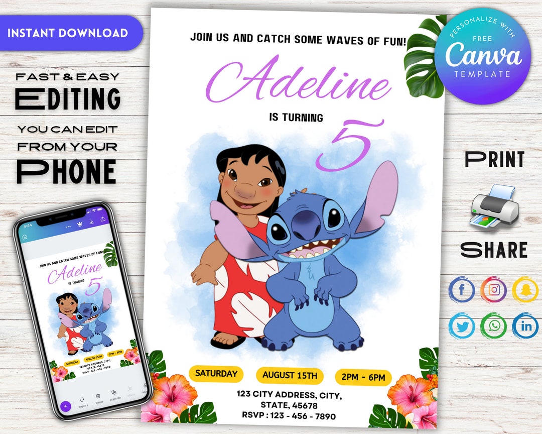 Editable Lilo and Stitch Birthday Invitation Template, Printable ...
