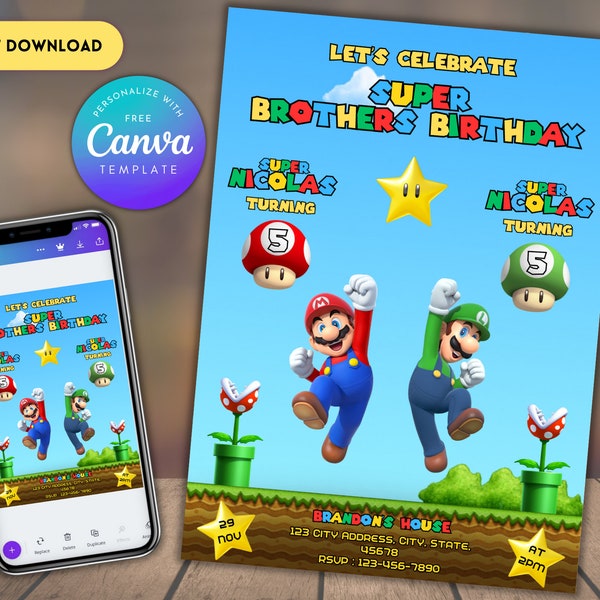 Invitation fête d'anniversaire frère et sœur Super Mario Mario et Luigi anniversaire Invitation imprimable Double anniversaire, Invitation d'anniversaire de jumeaux