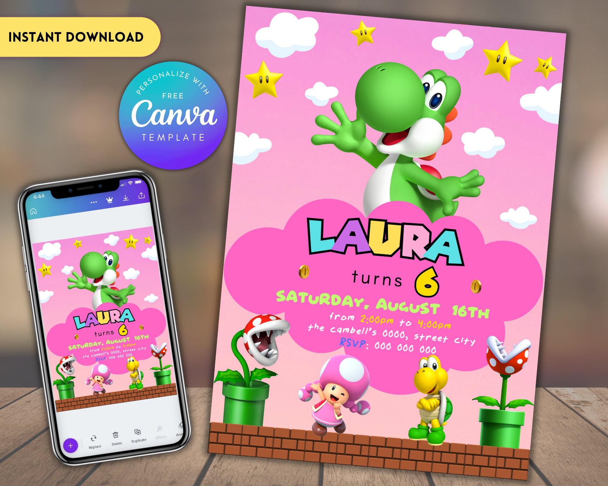 Yoshi Birthday Party Invitation for Girls Birthday Invitation Super ...