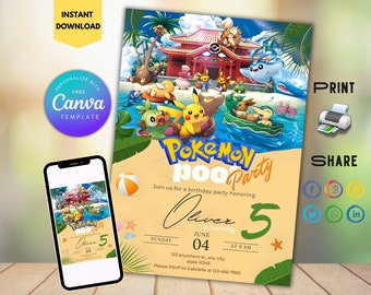 Editable Pokemon Pool Party Invitación Plantilla de cumpleaños Imprimible Descargar Pikachu Invitación de cumpleaños Cumpleaños de Pokemon Evite