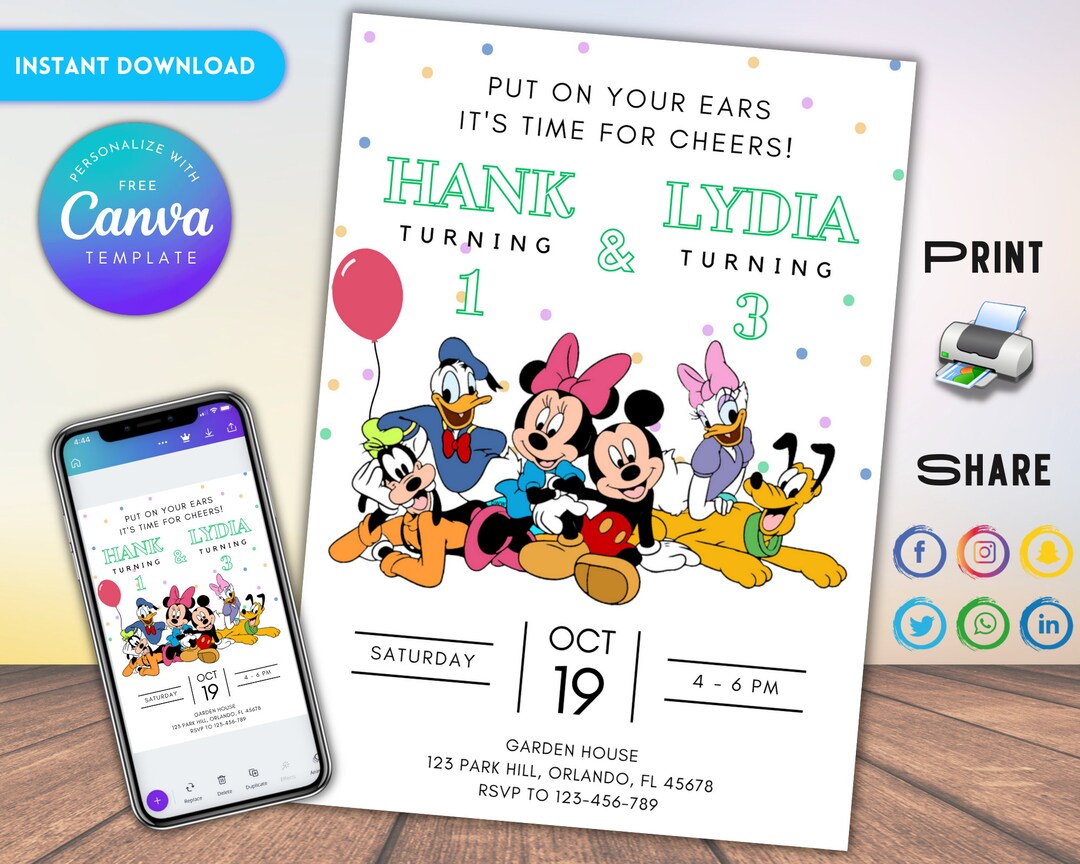 Mickey Mouse Sibling Birthday Invitation Double Mickey Mouse Birthday Invitation Editable ...