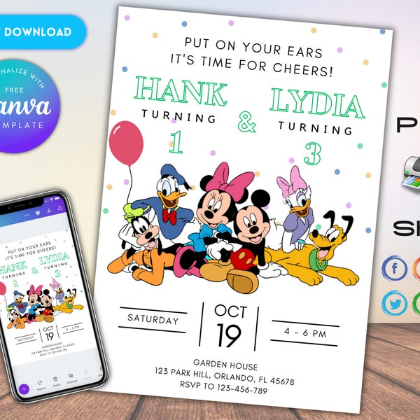 Mickey Mouse Sibling Birthday Invitation | Double Mickey Mouse Birthday Invitation | Editable Printable Mickey Invitation Birthday Template
