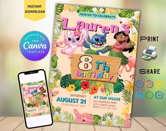 Lilo and Stitch Birthday Invitation Template, Editable Cartoon Birthday Invitation, Stitch Birthday pool Party Invitation, Stitch Bday evite