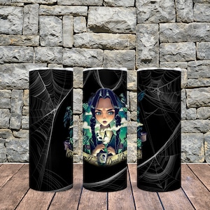 May include: Three black and white stainless steel tumblers with a spiderweb design. The center tumbler features a cartoon illustration of a girl with black hair and a green dress holding a potion bottle. The text "Over Them Dead Bodies" is printed on the tumbler.