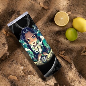 May include: A black and green stainless steel tumbler with a graphic of a girl with long black hair and a green dress holding a bottle that says "Never Your Dead Boy".