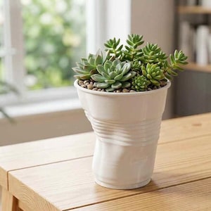 May include: A white ceramic planter shaped like a crumpled disposable cup, filled with a variety of green succulent plants and small brown decorative pebbles. The planter has a distinct indented texture around its middle section.
