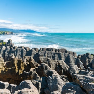 Rocky Coastline with blue sky and blue sea, New Zealand sea side, Digital Download