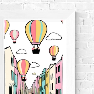 Up and Away Hot Air Balloon Wall Art, Pastel Digital Watercolor Painting, Printable Hot Air Balloon Print for Framing, Downloadable Wall Art