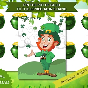 Könnte beinhalten: Druckbares St. Patrick's Day Party-Spiel, "Pin the Pot of Gold to the Leprechaun's Hand". Das Spiel zeigt einen Cartoon-Kobold mit einem Topf voller Gold, Kleeblättern und einem grünen Hintergrund.