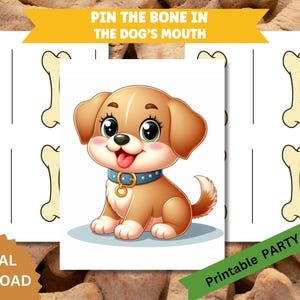 Puede incluir: Juego imprimible para una fiesta con temática de perros. El juego se llama "Pin the Bone in the Dog's Mouth". Presenta un perro de dibujos animados con un collar azul y un recorte en forma de hueso para que los jugadores puedan sujetarlo con alfileres.