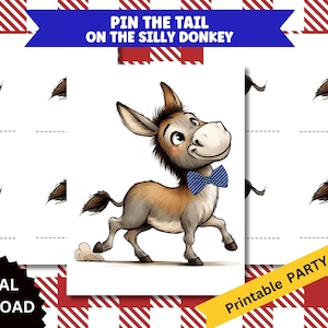 Puede incluir: Juego de fiesta imprimible "Pin the Tail on the Silly Donkey". El juego presenta un burro de dibujos animados con una pajarita azul y ocho opciones de cola para elegir.