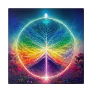 May include: A vibrant, abstract canvas print featuring a central, rainbow-colored circle with a tree-like design. The artwork has a spiritual theme, with a glowing figure at the top and a colorful, ethereal landscape.