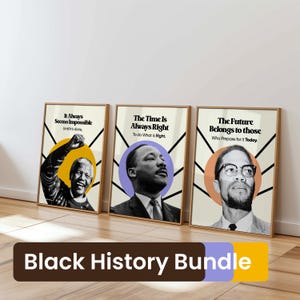 May include: A set of three framed art prints featuring portraits of historical figures. Each print has a quote and a geometric design. The bottom of the image has the text "Black History Bundle".