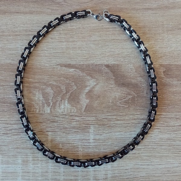 Collier en maille byzantine en acier inox noir et argenté