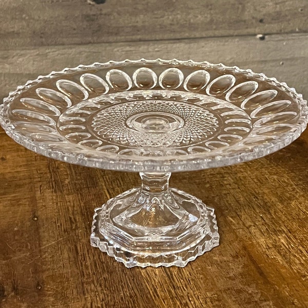 Clear glass thumbprint diamond point pattern round pedestal cake stand - fruit stand - dessert stand