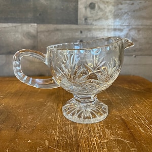 Vintage heavy crystal cut to clear pedestal gravy boat - soup server - creamer server