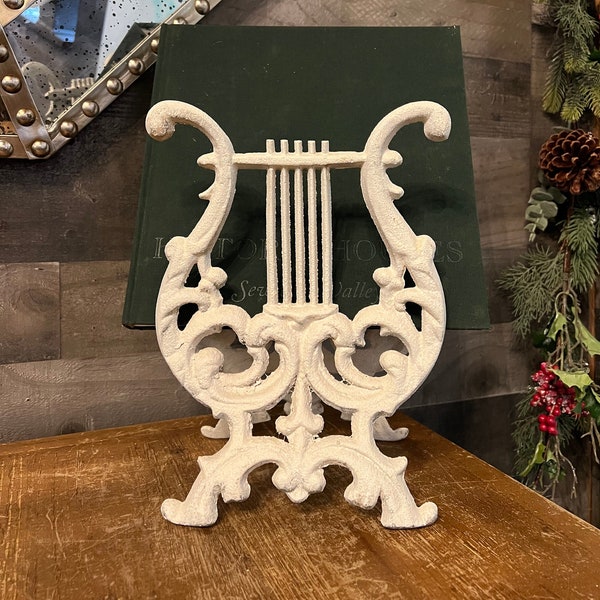 Vintage white lyre harp book stand - music stand - paper stand - picture stand - magazine stand - rustic decor -Victorian decor -book holder