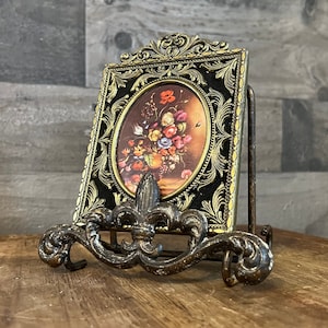 Vintage Brass Victorian Style Floral Baroque Oval Opening Rectangular Frame - Made in Italy