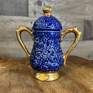 Cobalt blue and gold double handle trinket dish - decor